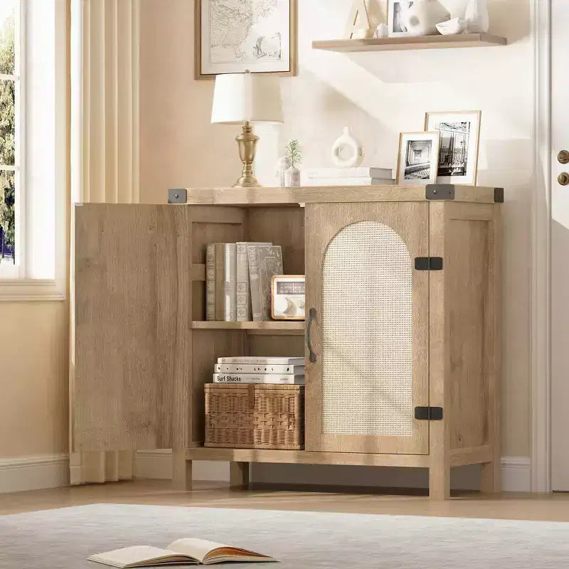 Credenza/Mobile Buffet in Rattan Colore Legno/Nero con 2 Ante, Montaggio da una Persona