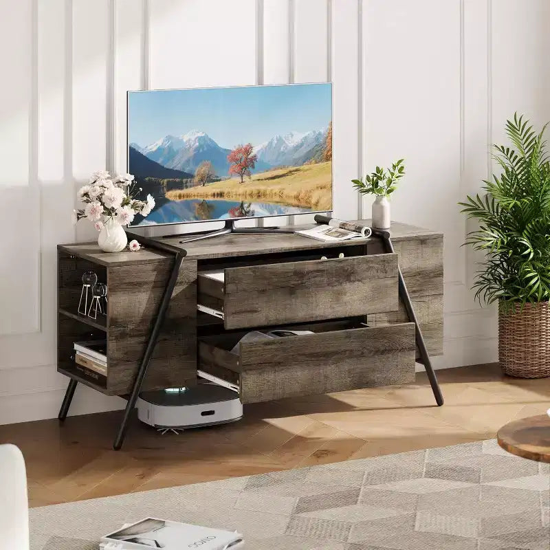 Mobile TV Rovere/Marrone con 2 Cassetti e Ripiano Regolabile, Gambe a U, Adatto a TV da 47"–55", Montaggio a 1 Persona