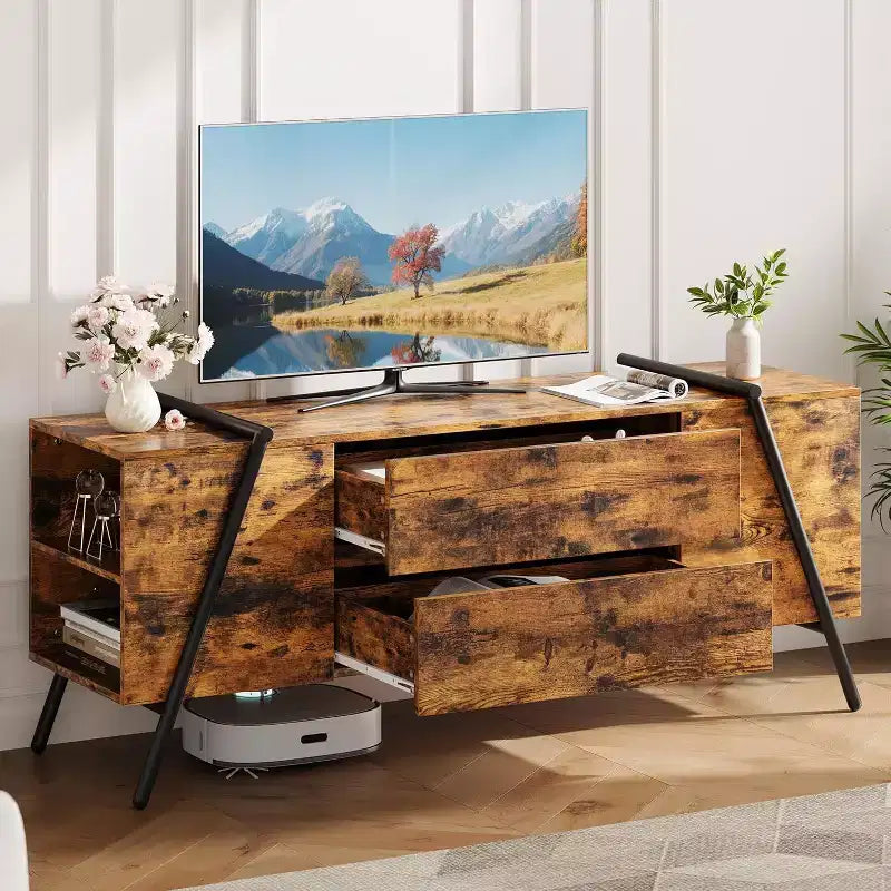 Mobile TV Rovere/Marrone con 2 Cassetti e Ripiano Regolabile, Gambe a U, Adatto a TV da 47"–55", Montaggio a 1 Persona