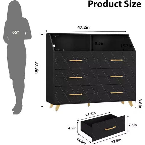 Comò a 6 cassetti con stazione di ricarica – Nero / Rosa / Bianco, indipendente, per 1 persona