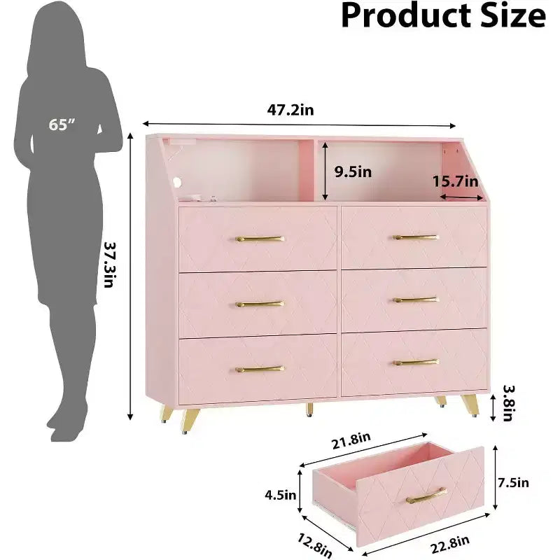 Comò a 6 cassetti con stazione di ricarica – Nero / Rosa / Bianco, indipendente, per 1 persona