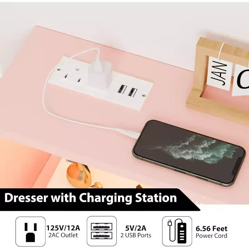 Comò a 6 cassetti con stazione di ricarica – Nero / Rosa / Bianco, indipendente, per 1 persona