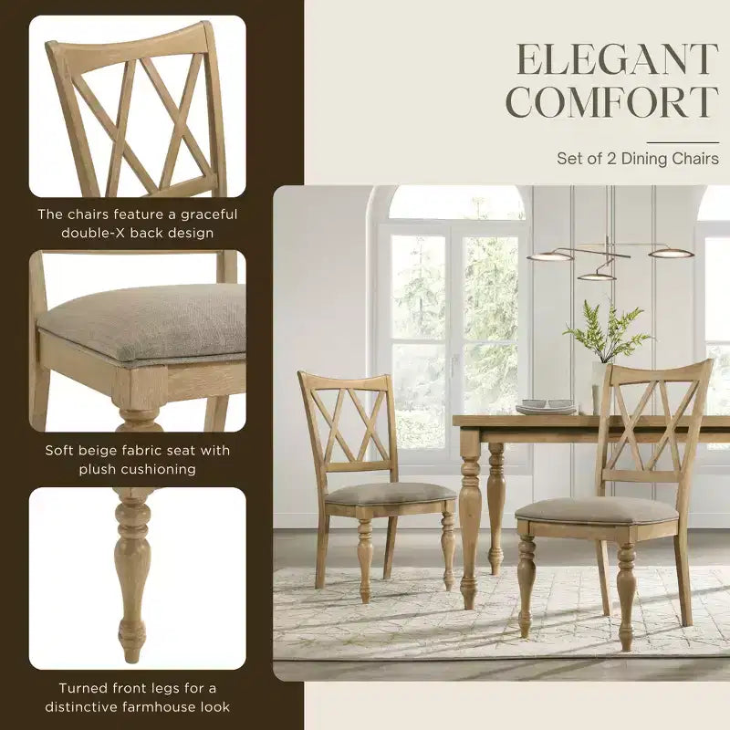 Sedia da pranzo in rovere chiaro con schienale a croce, imbottita beige, set da 2