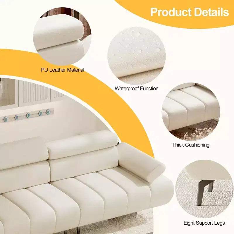 Divano componibile in pelle PU beige, 3 posti, design sdoppiato