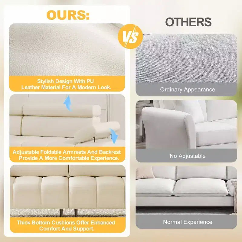 Divano componibile in pelle PU beige, 3 posti, design sdoppiato