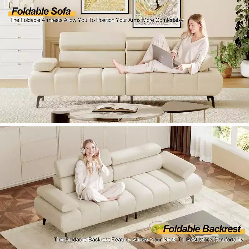 Divano componibile in pelle PU beige, 3 posti, design sdoppiato