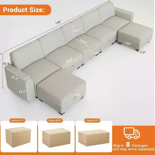 Divano componibile in velluto a coste beige, a L/U, 8 posti a sedere