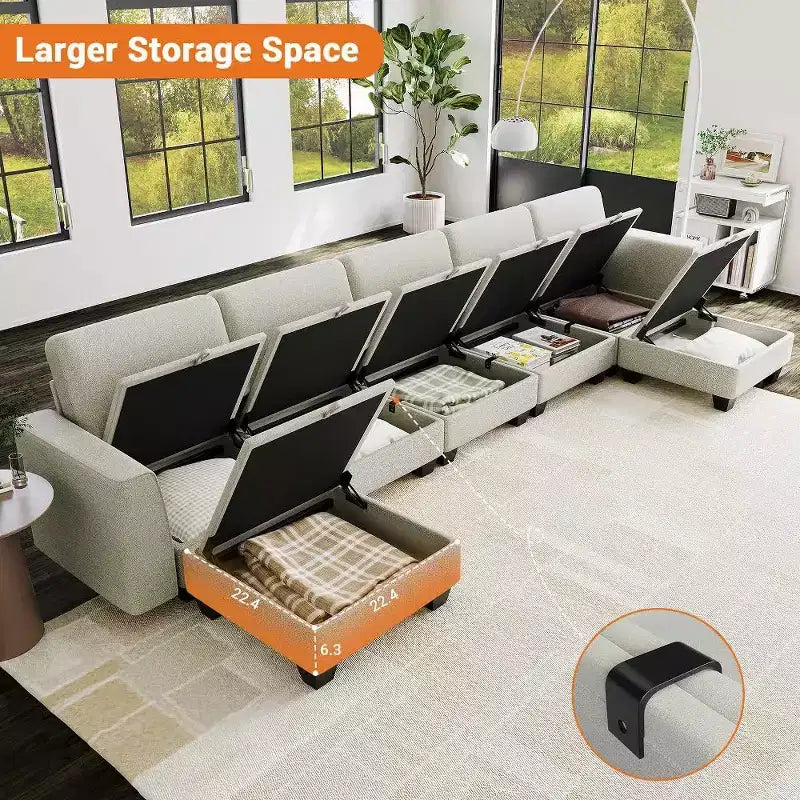 Divano componibile in velluto a coste beige, a L/U, 8 posti a sedere