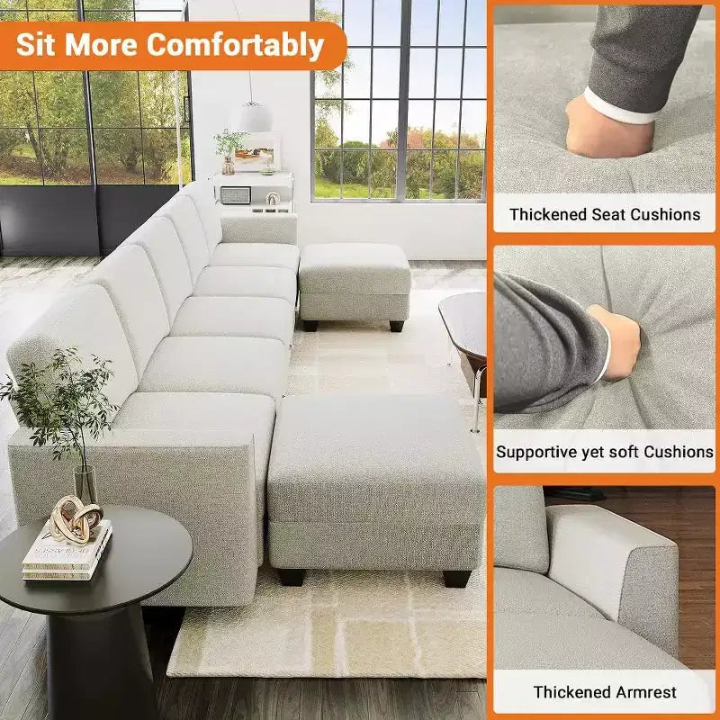 Divano componibile in velluto a coste beige, a L/U, 8 posti a sedere