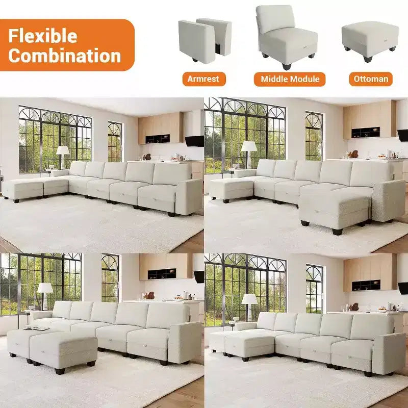 Divano componibile in velluto a coste beige, a L/U, 8 posti a sedere