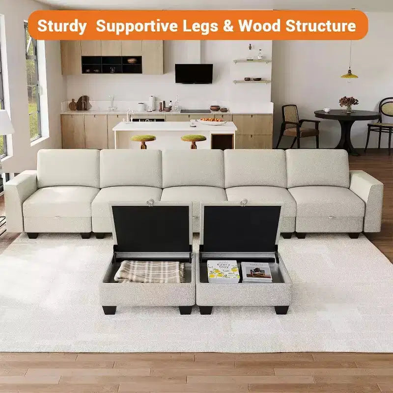 Divano componibile in velluto a coste beige, a L/U, 8 posti a sedere
