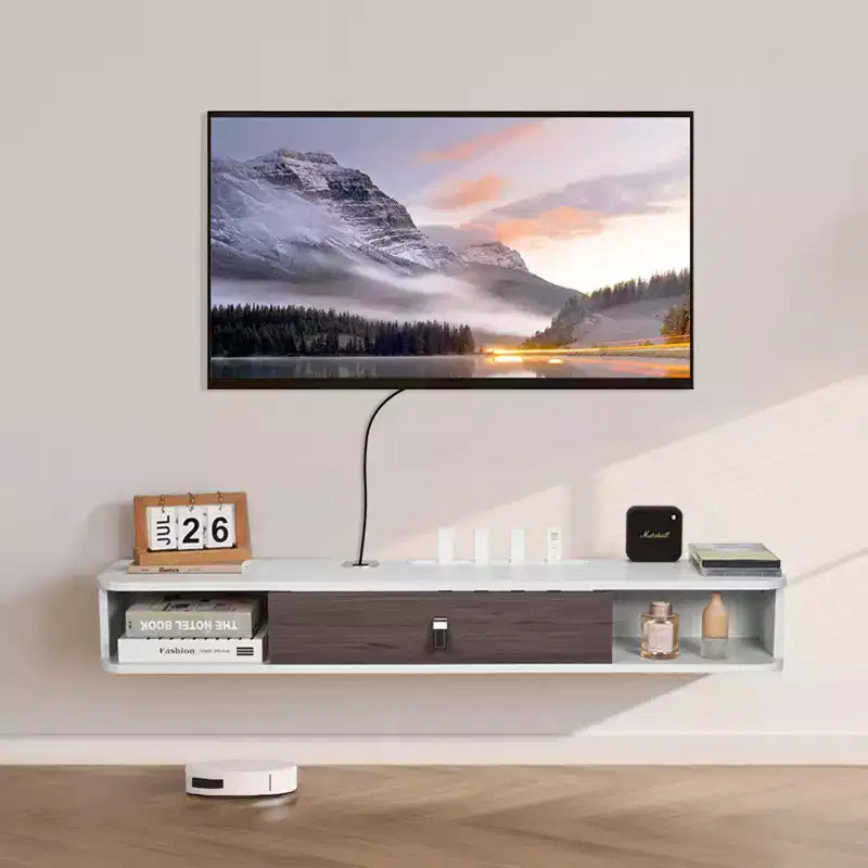 Mobile TV sospeso a parete bianco con armadietto contenitore, adatto fino a 47 pollici