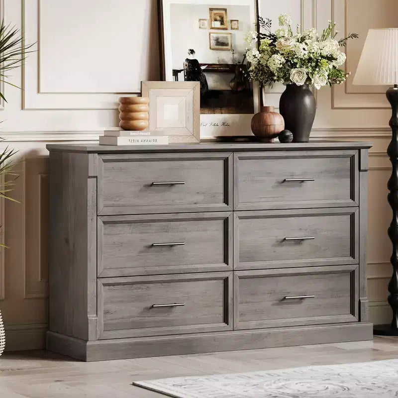 GustoWave 6 Drawer Dresser for Bedroom, Farmhouse 47.2 Wide Chest of Drawers, Rustic Double Wood Dresser, Storage Dressers Organizer for Living Room