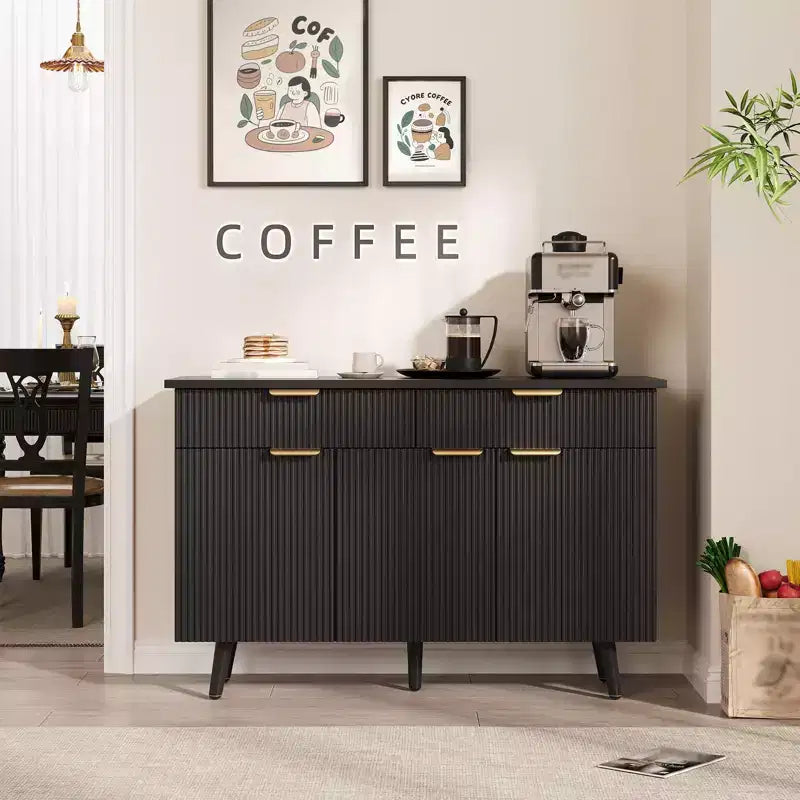 Credenza con buffet nera scanalata con cassetti e ripiani, montaggio in 1 persona