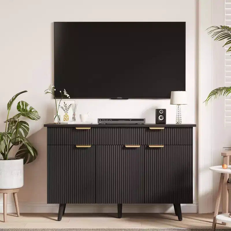 Credenza con buffet nera scanalata con cassetti e ripiani, montaggio in 1 persona