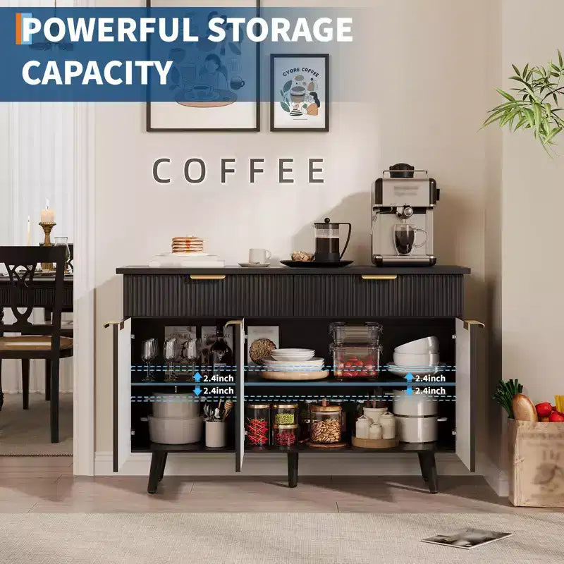 Credenza con buffet nera scanalata con cassetti e ripiani, montaggio in 1 persona