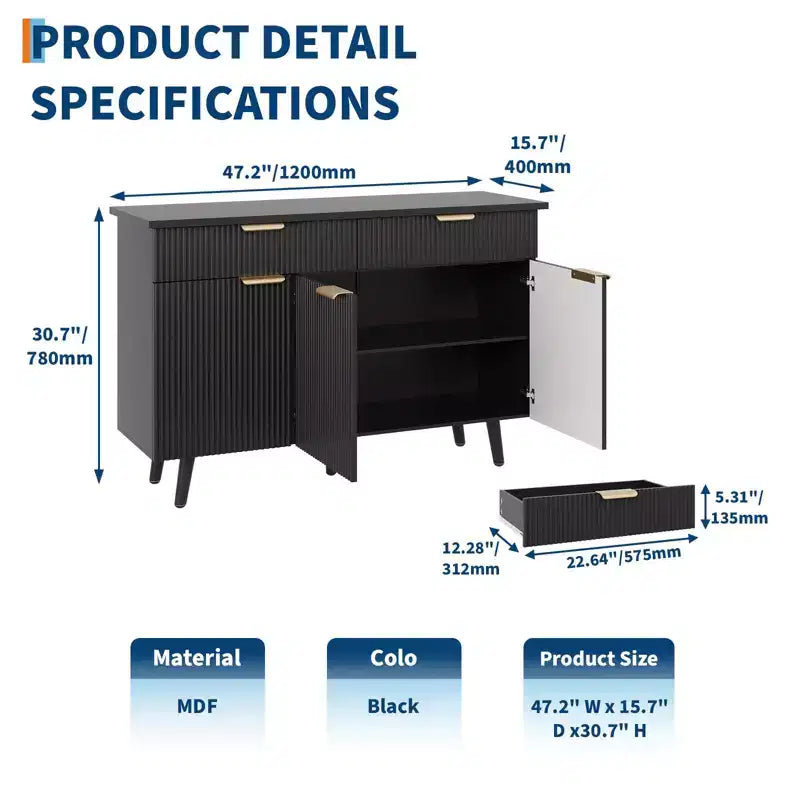 Credenza con buffet nera scanalata con cassetti e ripiani, montaggio in 1 persona