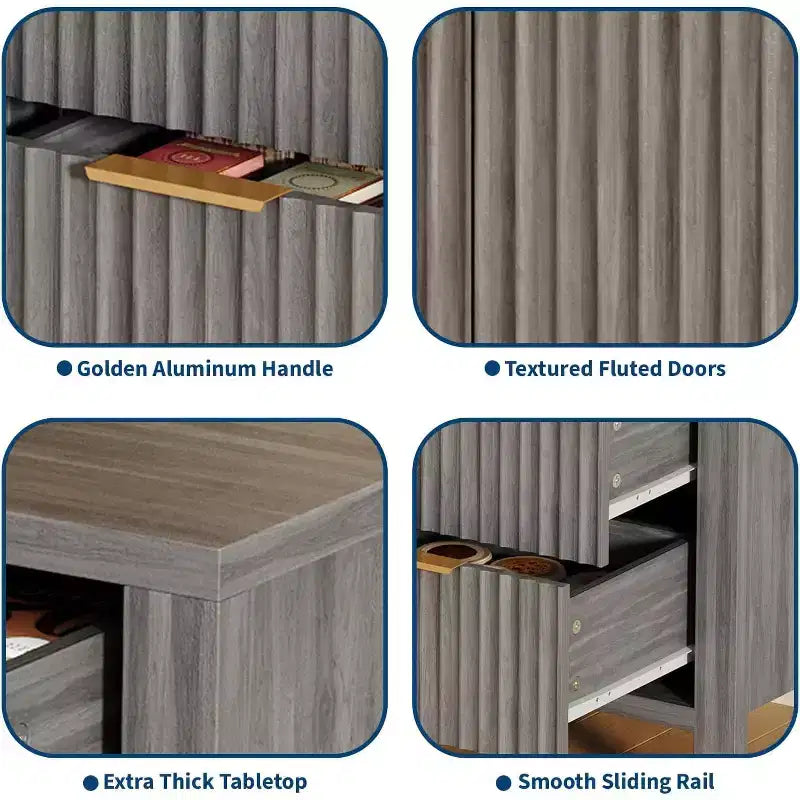 Credenza scanalata in rovere/frassino, 2 ante e 3 cassetti, utente singolo
