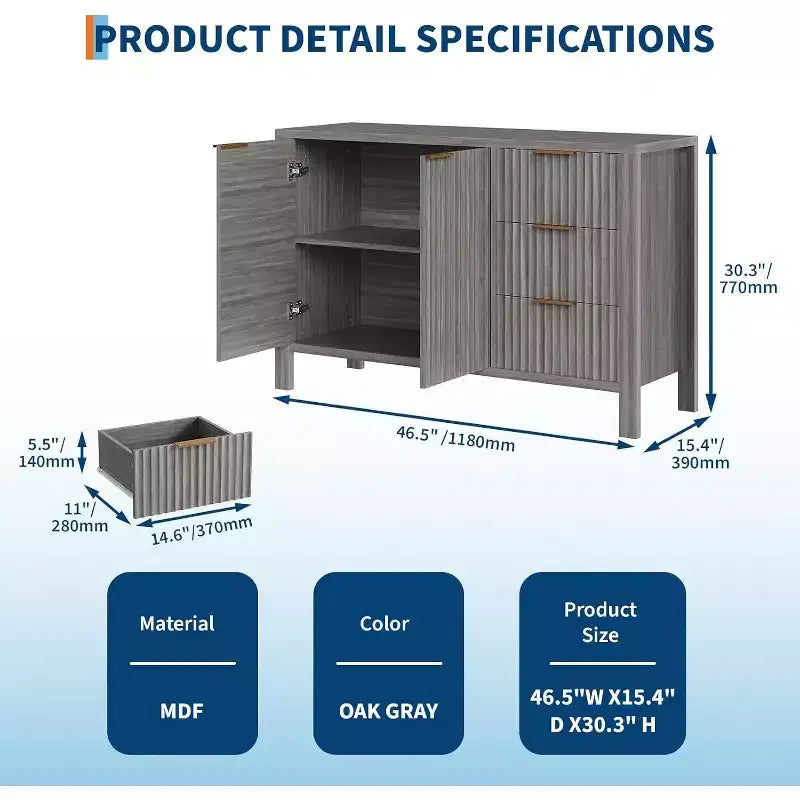 Credenza scanalata in rovere/frassino, 2 ante e 3 cassetti, utente singolo