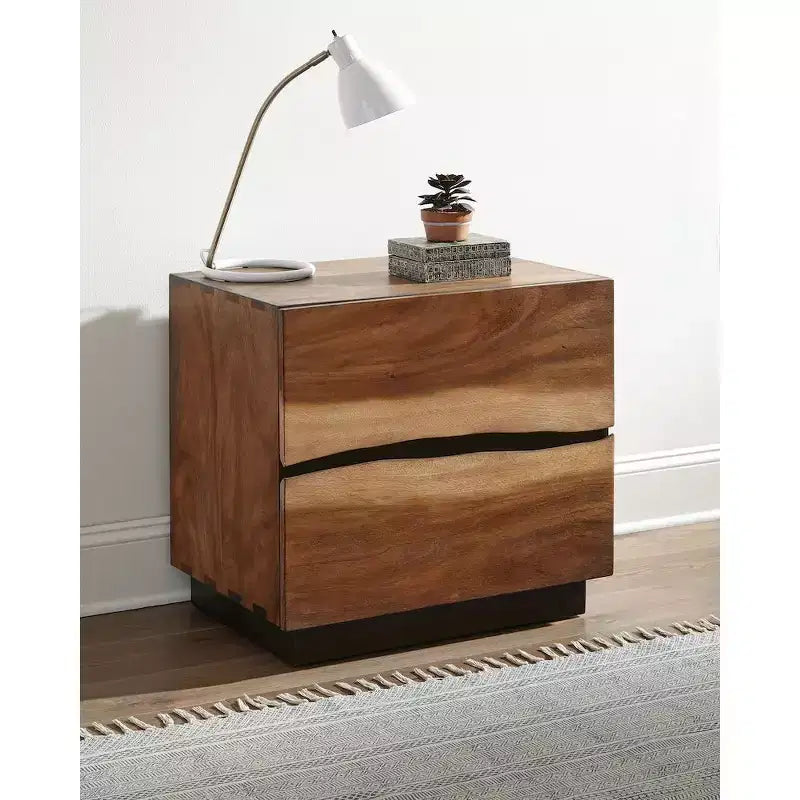 Comodino marrone in legno a 2 cassetti, stile bordo naturale, per 1