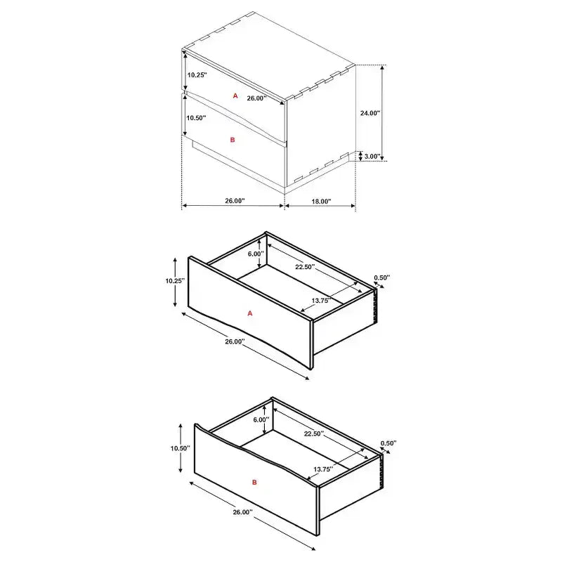 Comodino marrone in legno a 2 cassetti, stile bordo naturale, per 1