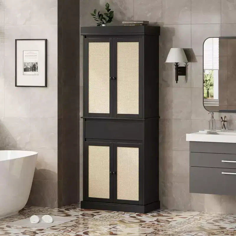 GustoWave Bathroom Pantry Cabinet, Tall Storage Cabinet with Rattan Doors and Adjustable Shelves, Freestanding Cupboard with Drawer for Kitchen, Black