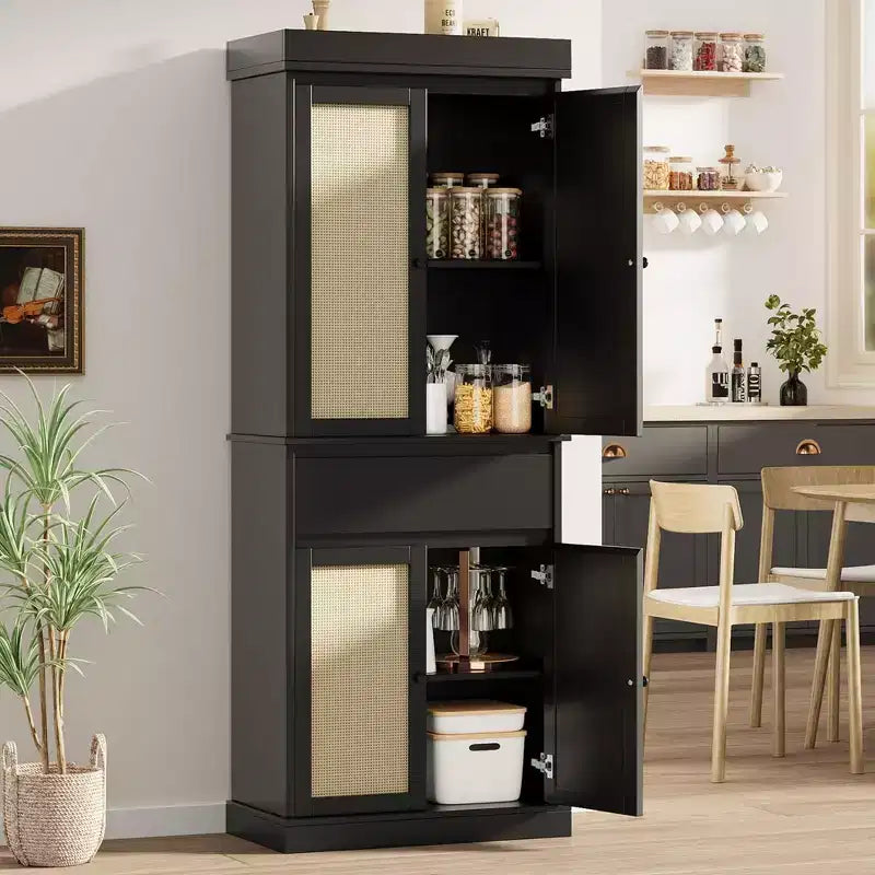 Mobiletto alto nero con anta in rattan, indipendente, singolo