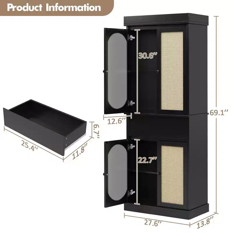 Mobiletto alto nero con anta in rattan, indipendente, singolo