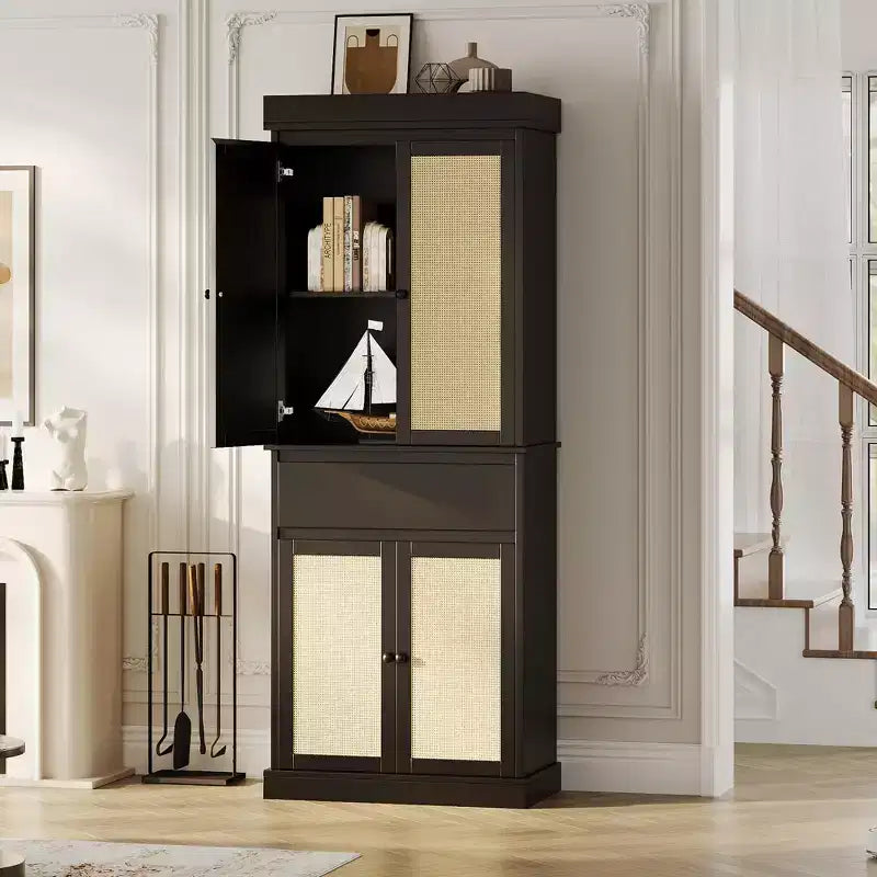 Mobiletto alto nero con anta in rattan, indipendente, singolo