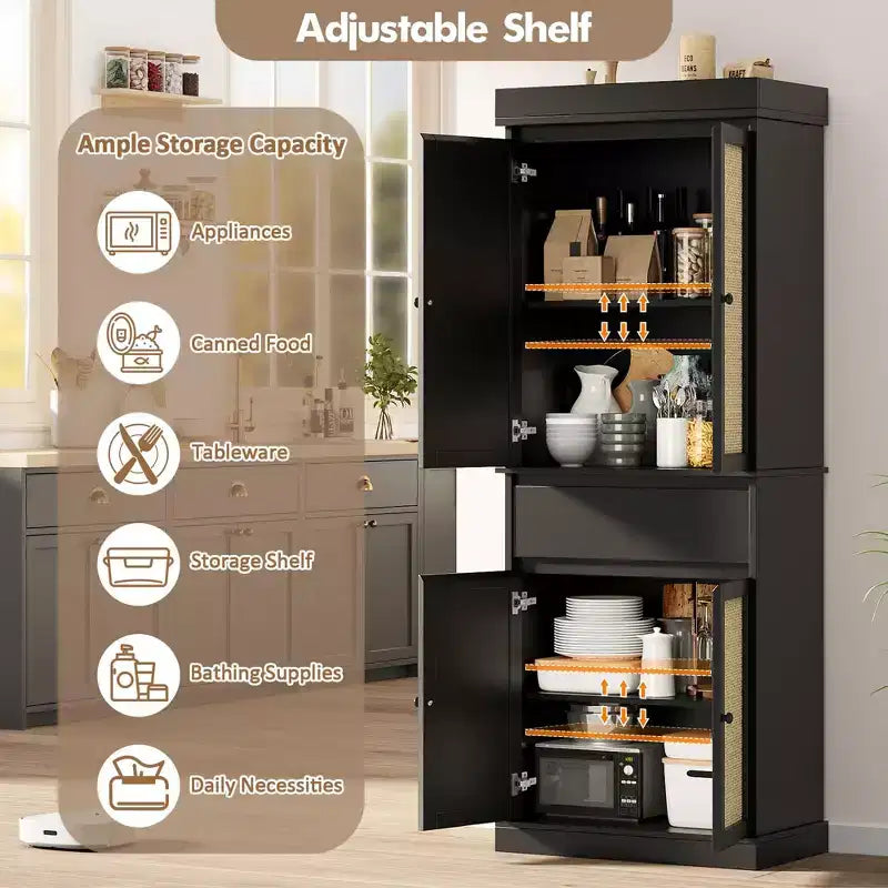 Mobiletto alto nero con anta in rattan, indipendente, singolo
