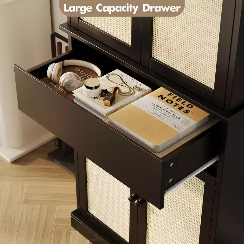 Mobiletto alto nero con anta in rattan, indipendente, singolo