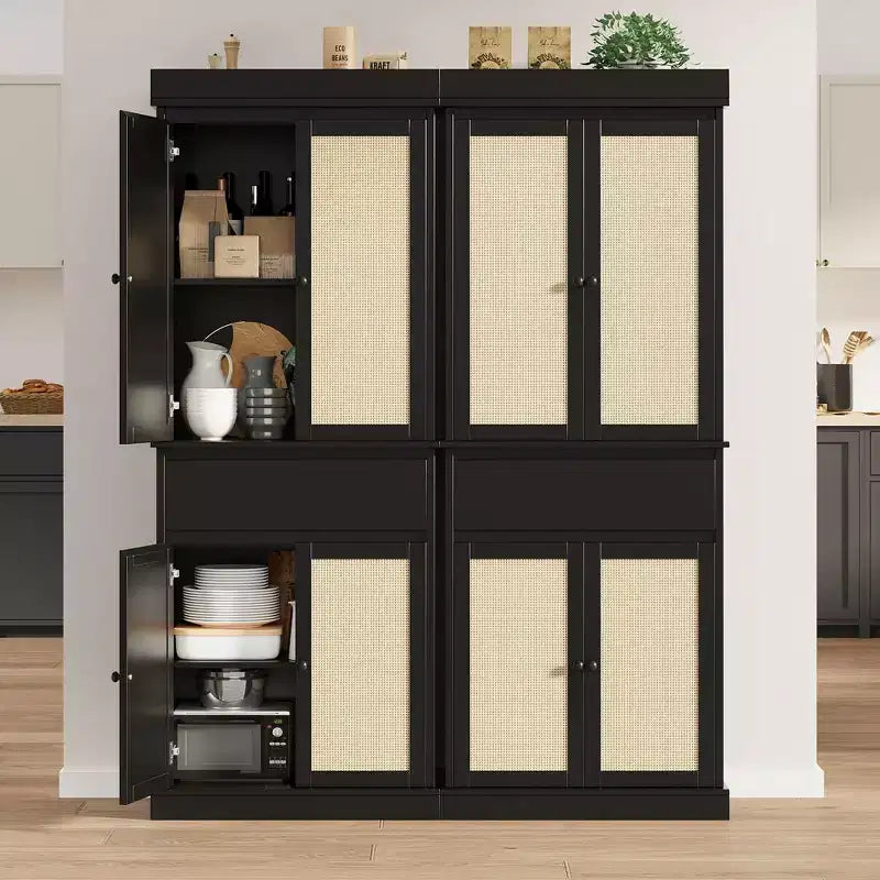 Mobiletto alto nero con anta in rattan, indipendente, singolo