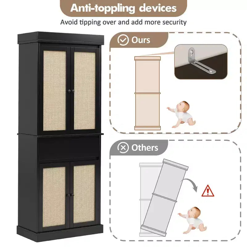 Mobiletto alto nero con anta in rattan, indipendente, singolo