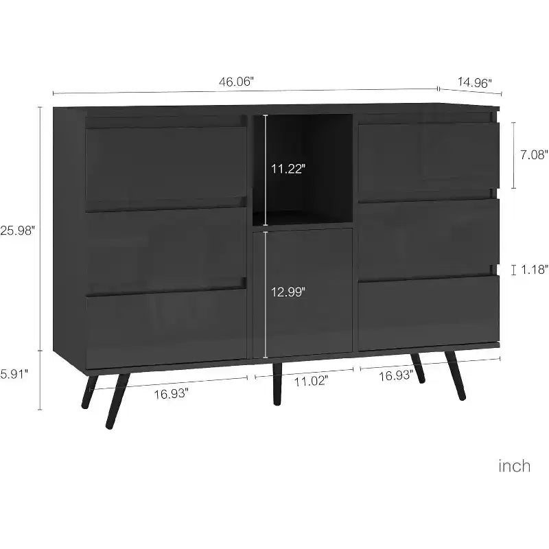 Credenza bianca lucida con luci LED, mobile contenitore a 6 cassetti