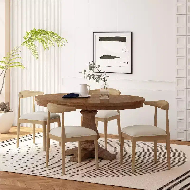 Set da pranzo espandibile 5 pezzi per 4 persone, con piedistallo rotondo, beige/avorio