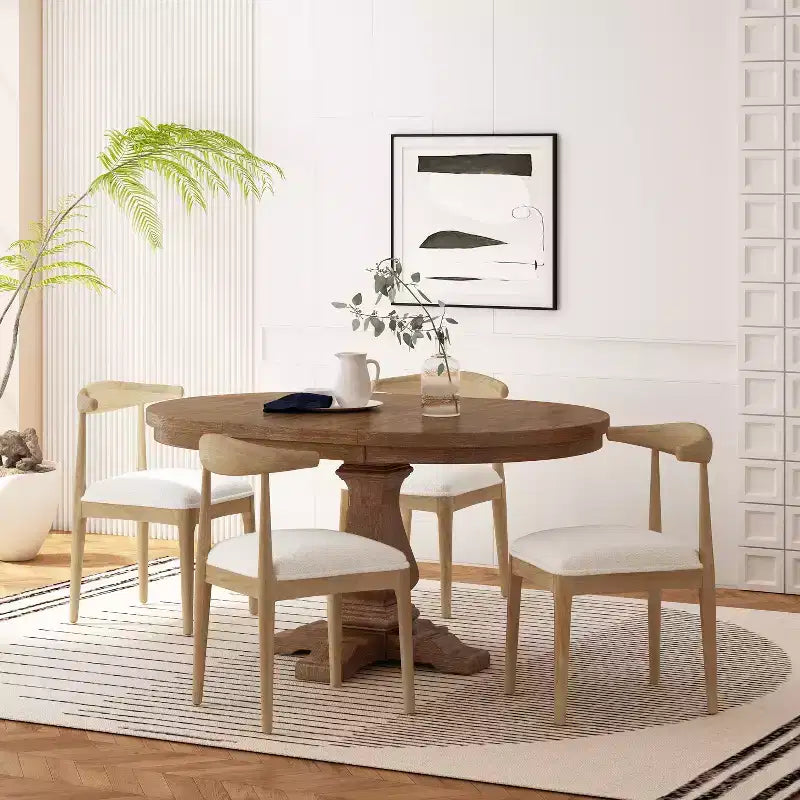 Set da pranzo espandibile 5 pezzi per 4 persone, con piedistallo rotondo, beige/avorio