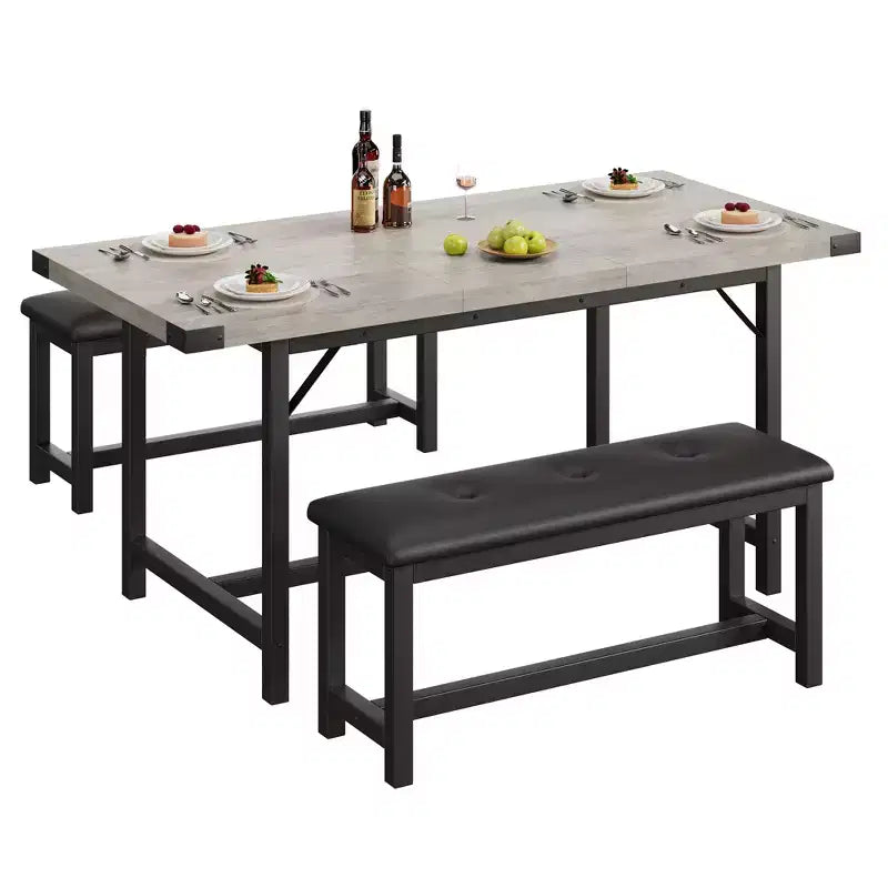 Set tavolo da pranzo allungabile nero/grigio/bianco con 2 panche imbottite, 4-6 posti