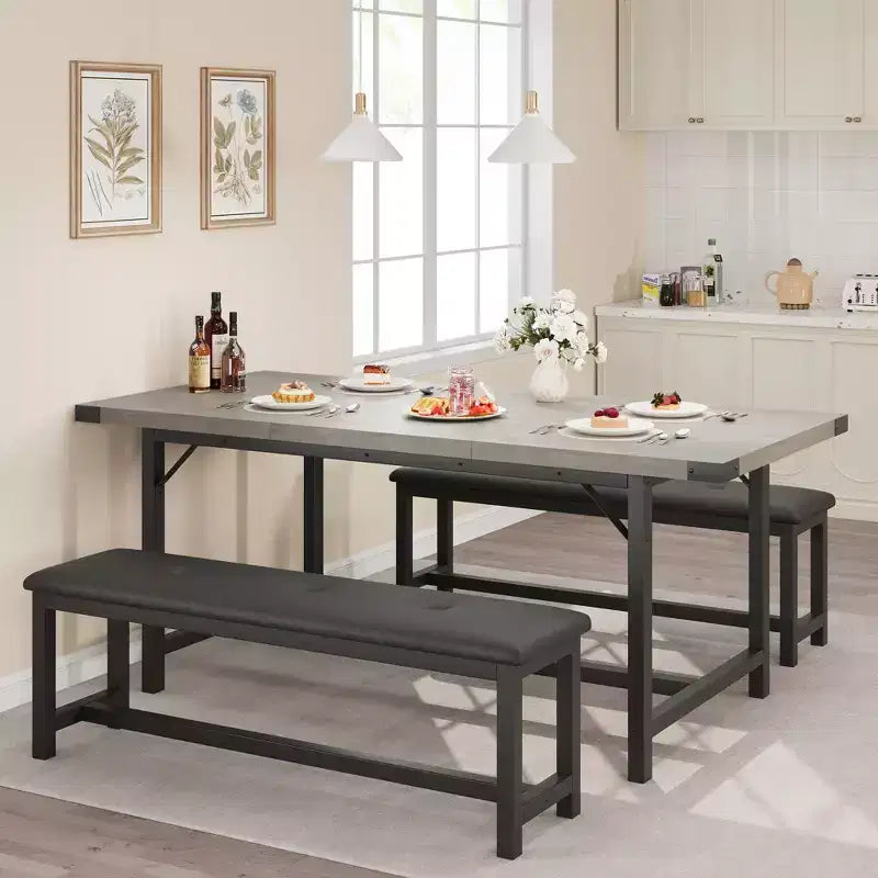 Set tavolo da pranzo allungabile nero/grigio/bianco con 2 panche imbottite, 4-6 posti