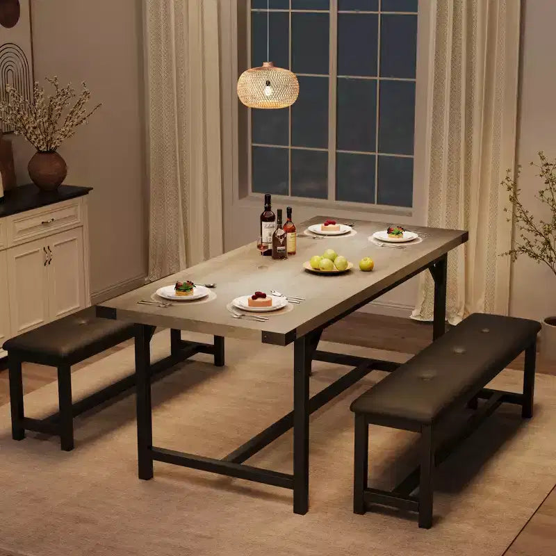 Set tavolo da pranzo allungabile nero/grigio/bianco con 2 panche imbottite, 4-6 posti