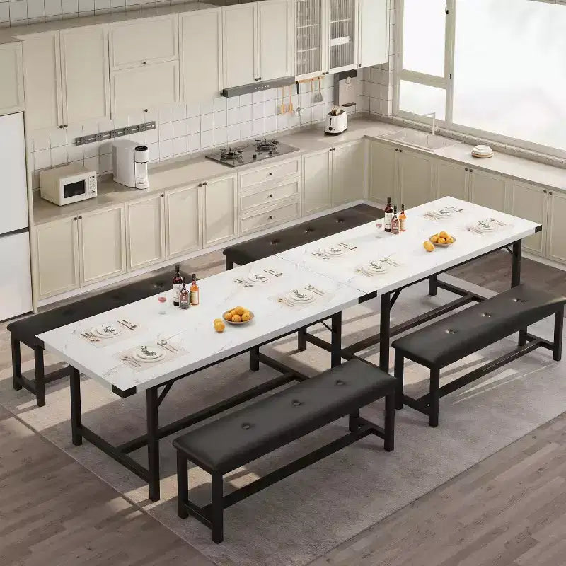 Set tavolo da pranzo allungabile nero/grigio/bianco con 2 panche imbottite, 4-6 posti