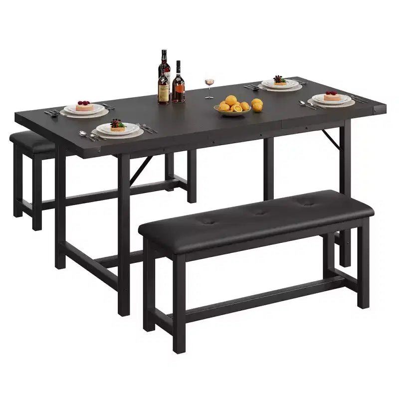 Set tavolo da pranzo allungabile nero/grigio/bianco con 2 panche imbottite, 4-6 posti