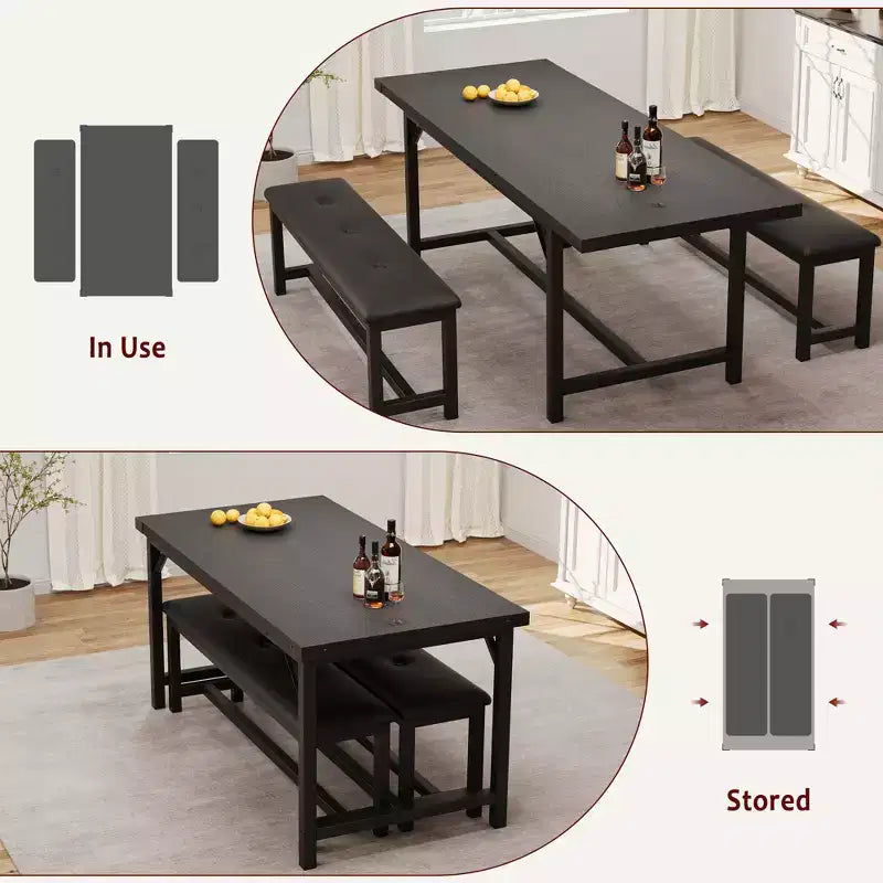 Set tavolo da pranzo allungabile nero/grigio/bianco con 2 panche imbottite, 4-6 posti