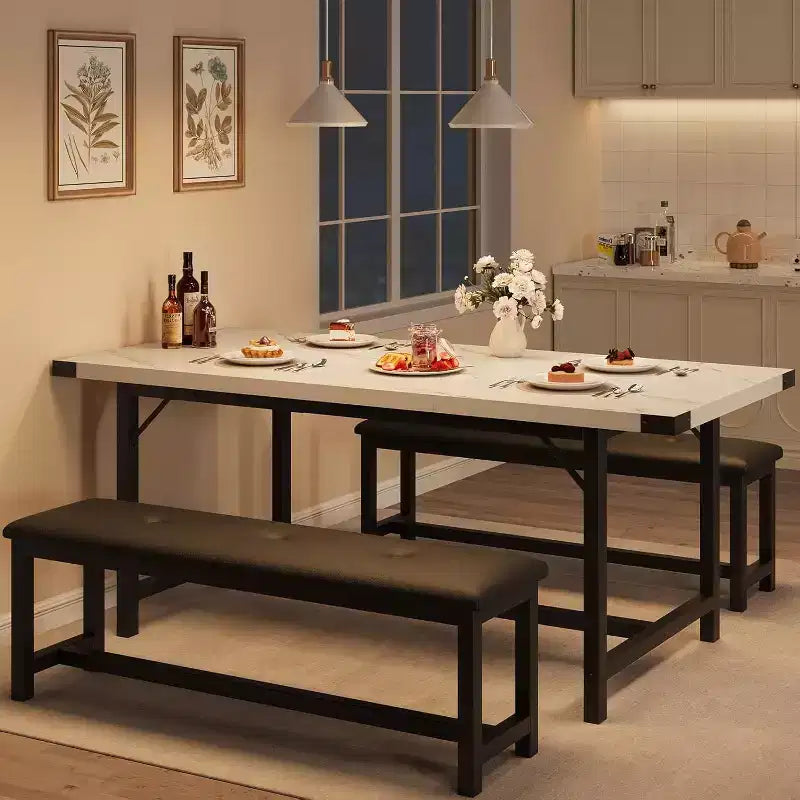 Set tavolo da pranzo allungabile nero/grigio/bianco con 2 panche imbottite, 4-6 posti