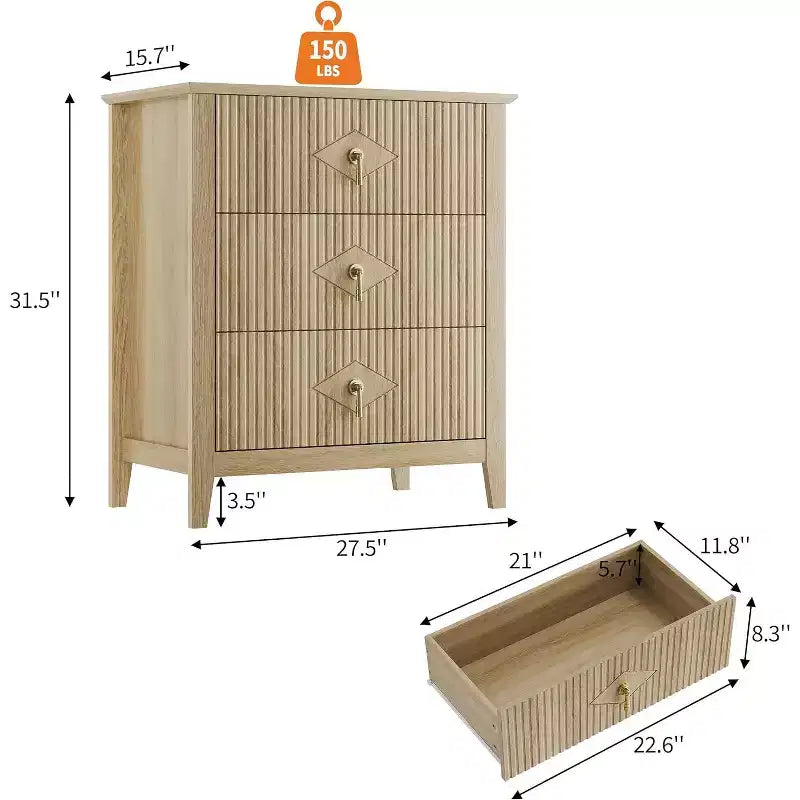 Cassettiera scanalata in legno | Nero/Bianco/Grigio/Verde/Naturale | 3–7 cassetti | Per 1