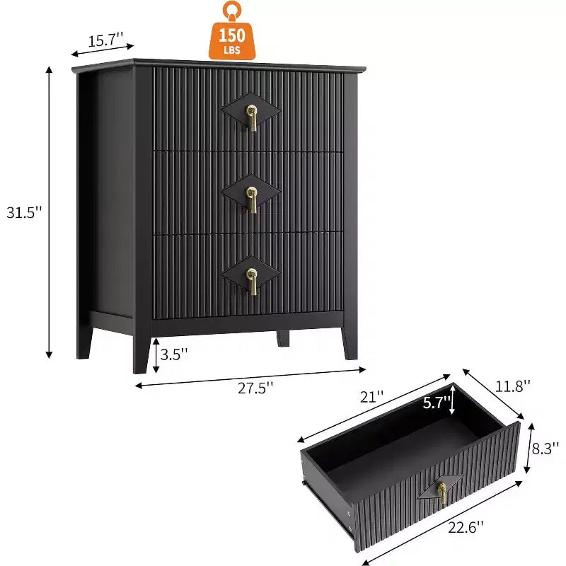 Cassettiera scanalata in legno | Nero/Bianco/Grigio/Verde/Naturale | 3–7 cassetti | Per 1