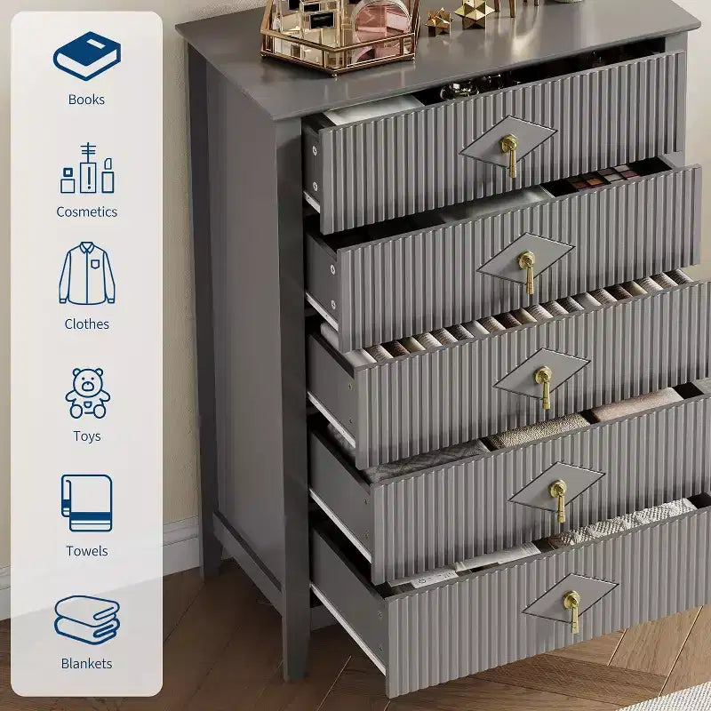 Cassettiera scanalata in legno | Nero/Bianco/Grigio/Verde/Naturale | 3–7 cassetti | Per 1