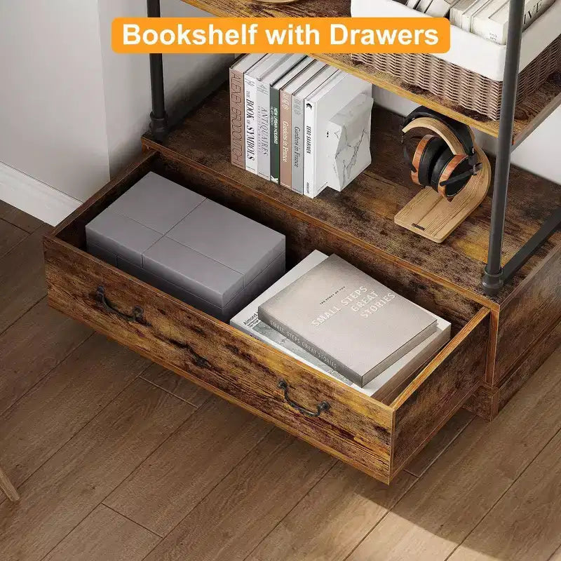 Libreria aperta a 5 ripiani Gray & Vintage con cassetto portaoggetti, struttura in metallo, per 1 persona