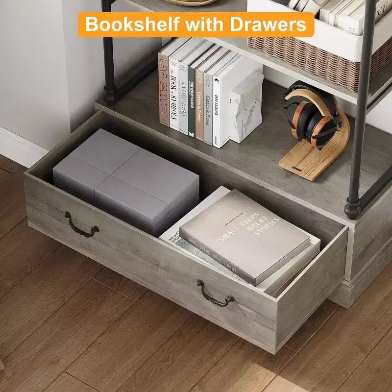 Libreria aperta a 5 ripiani Gray & Vintage con cassetto portaoggetti, struttura in metallo, per 1 persona