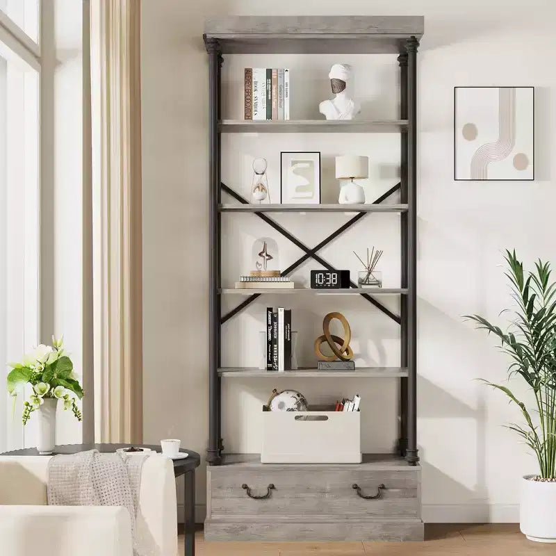 Libreria aperta a 5 ripiani Gray & Vintage con cassetto portaoggetti, struttura in metallo, per 1 persona