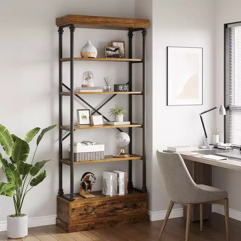 Libreria aperta a 5 ripiani Gray & Vintage con cassetto portaoggetti, struttura in metallo, per 1 persona